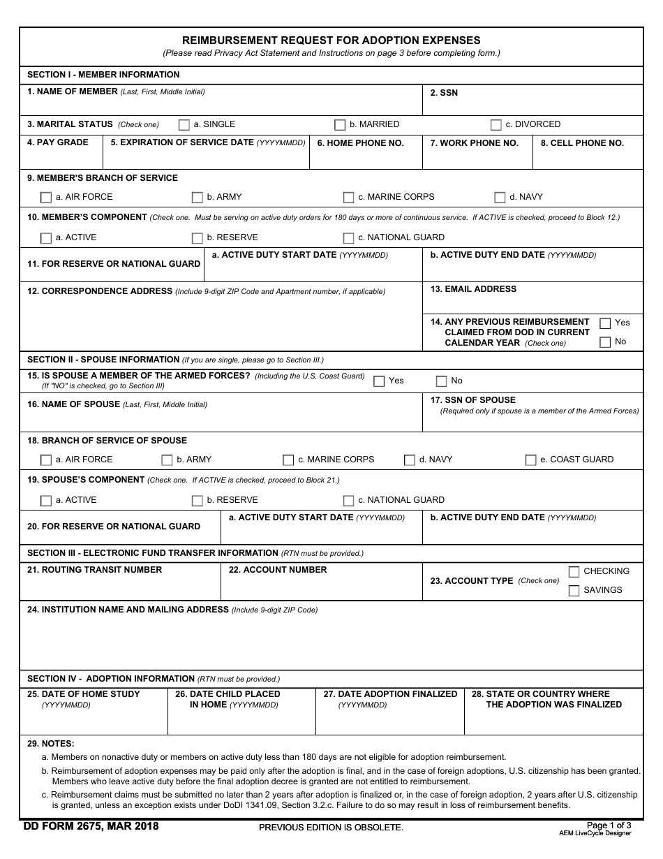 DD Form 2675 Reimbursement Request for Adoption Expenses, Page 1
