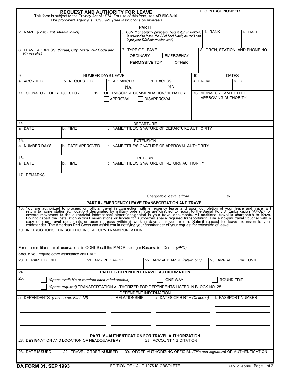 Free Da Form 31 Fillable Printable Forms Free Online