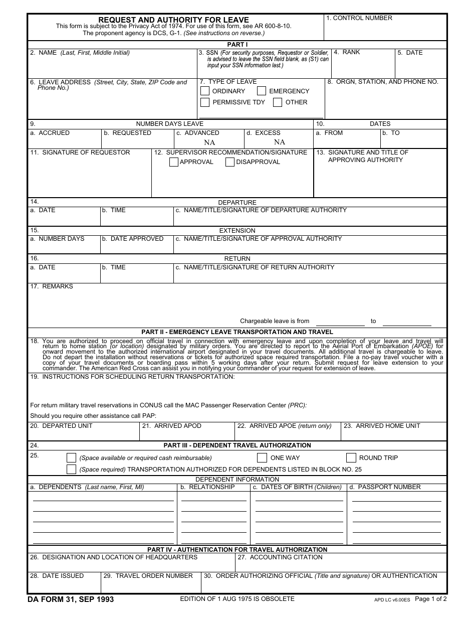 DA Form 31 Request and Authority for Leave, Page 1