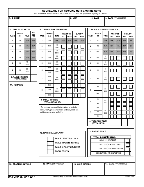 DA Form 85 Scorecard for M249 and M240 Machine Guns
