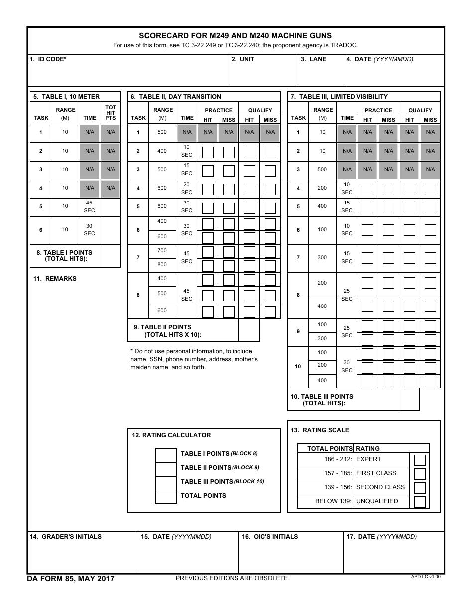 DA Form 85 Scorecard for M249 and M240 Machine Guns, Page 1