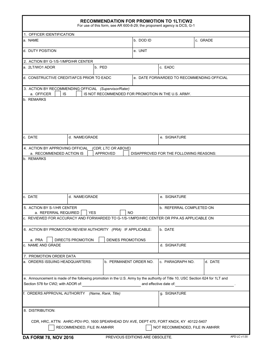 DA Form 78 Recommendation for Promotion to 1lt / Cw2, Page 1