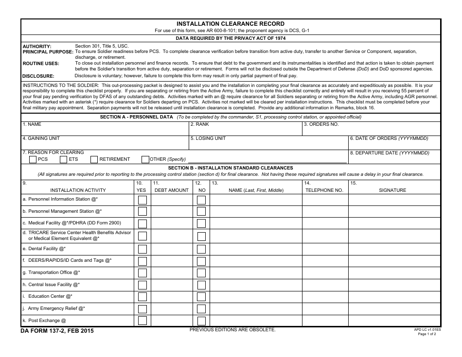 DA Form 137-2 Installation Clearance Record, Page 1