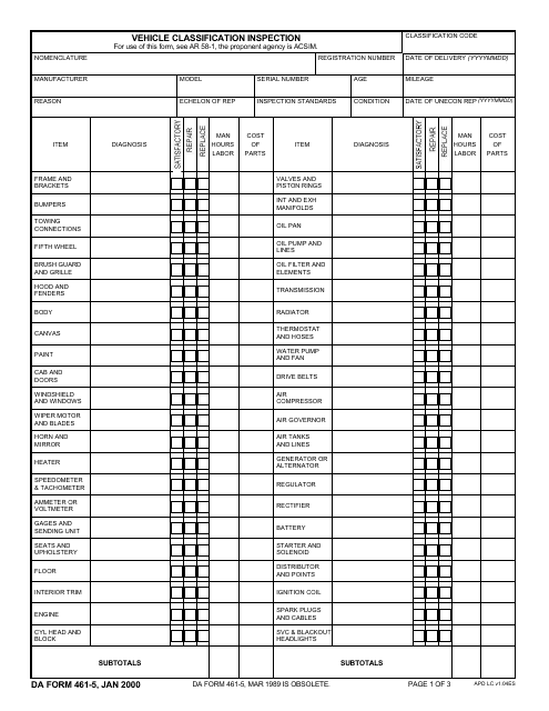 DA Form 461-5 Vehicle Classification Inspection