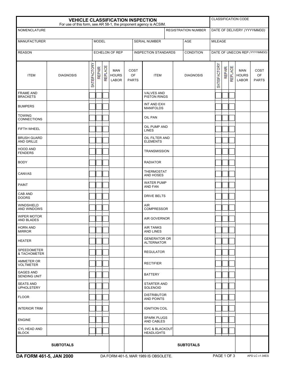 DA Form 461-5 Vehicle Classification Inspection, Page 1