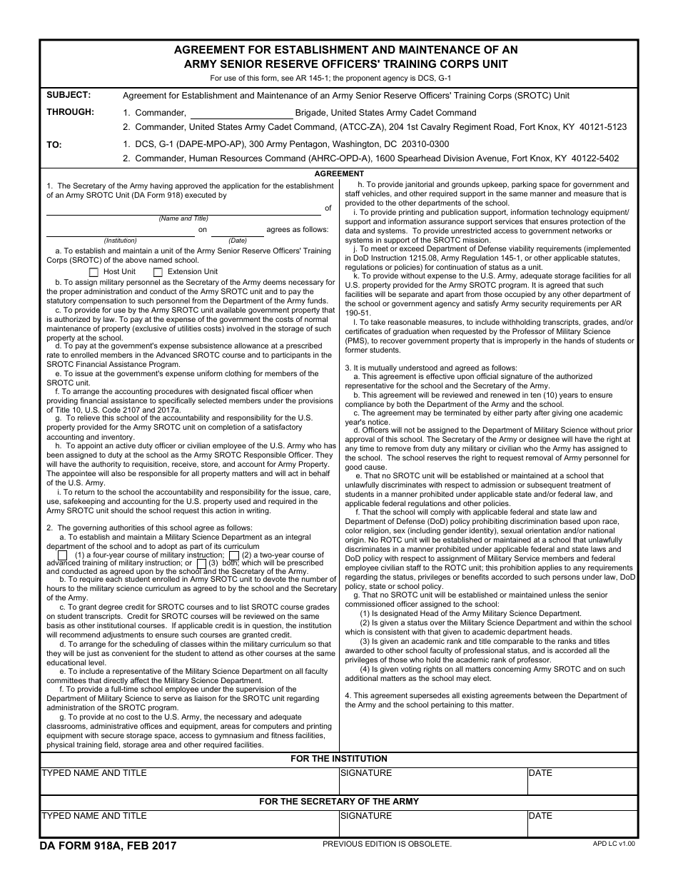 DA Form 918A Agreement for Establishment and Maintenance of an Army Senior Reserve Officers Training Corps Unit, Page 1