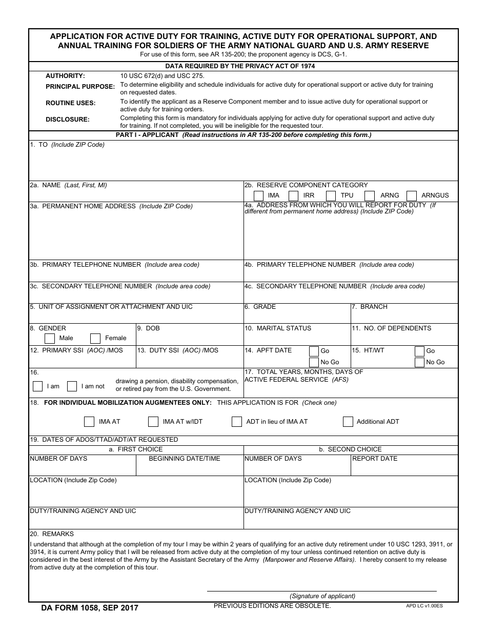 DA Form 1058 Application for Active Duty for Training, Active Duty for Operational Support, and Annual Training for Soldiers of the Army National Guard and U.S. Army Reserve, Page 1