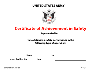 Document preview: DA Form 1119-1 Certificate of Achievement in Safety
