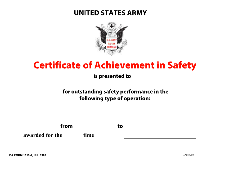 DA Form 1119-1 Certificate of Achievement in Safety, Page 1