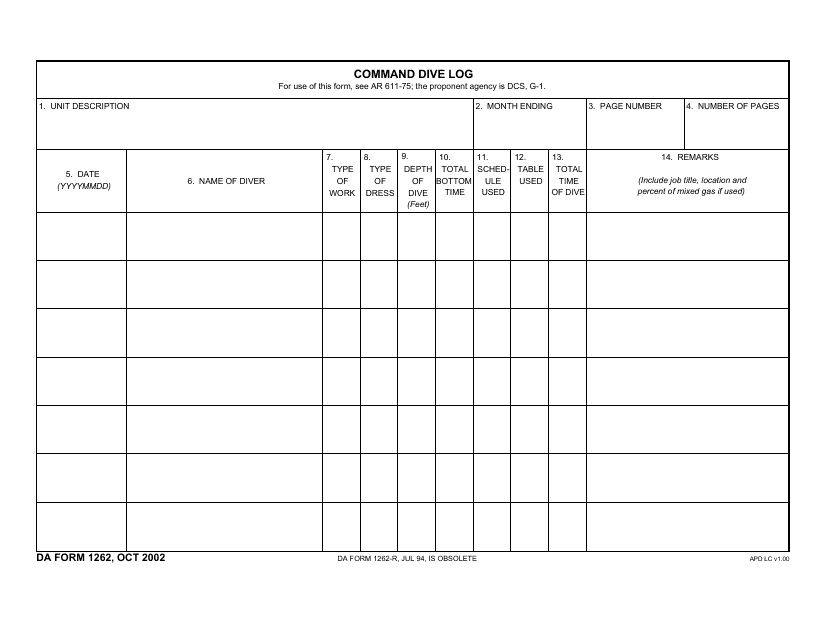 DA Form 1262  Printable Pdf