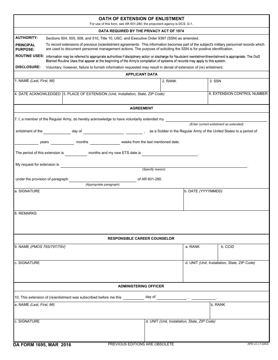 DA Form 1695 Oath of Extension of Enlistment, Page 1