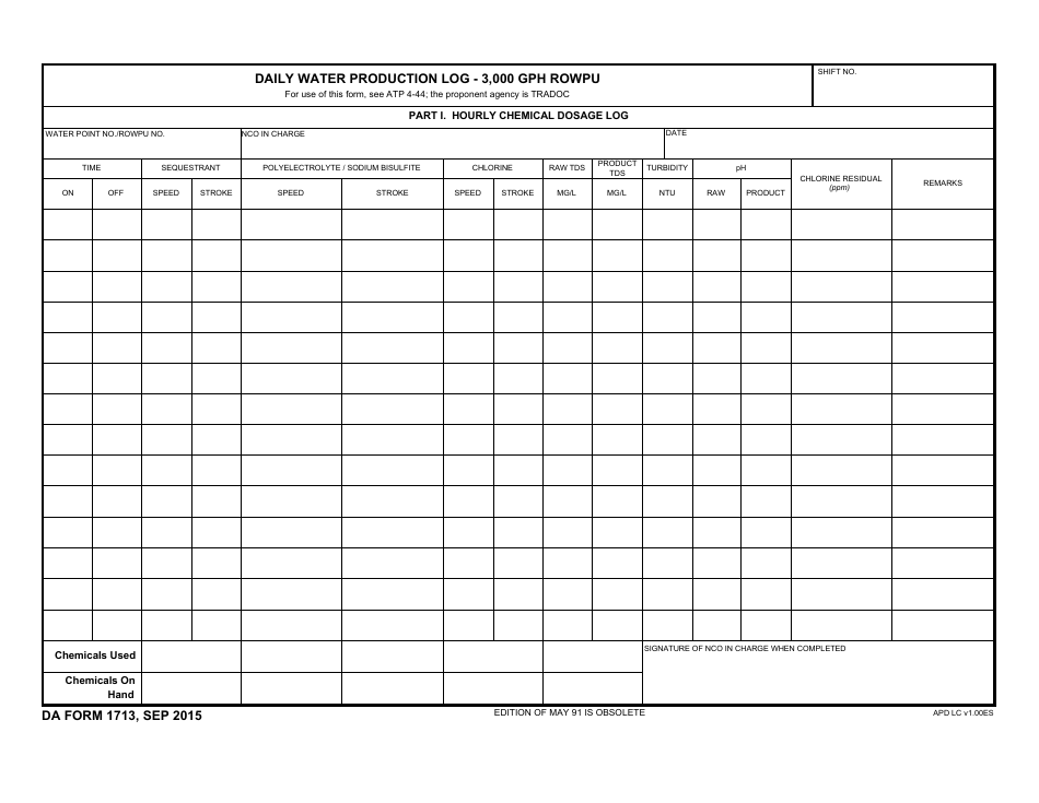 DA Form 1713 Daily Water Production Log - 3,000 Gph Rowpu, Page 1