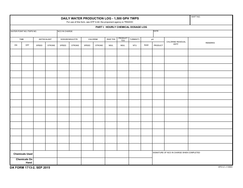 DA Form 1713-2 Daily Water Production Log - 1,500 Gph Twps, Page 1