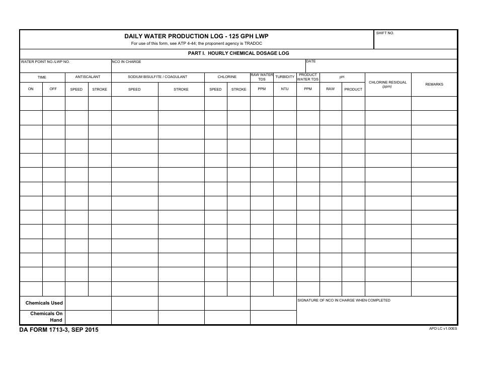 DA Form 1713-3 Daily Water Production Log - 125 Gph Lwp, Page 1
