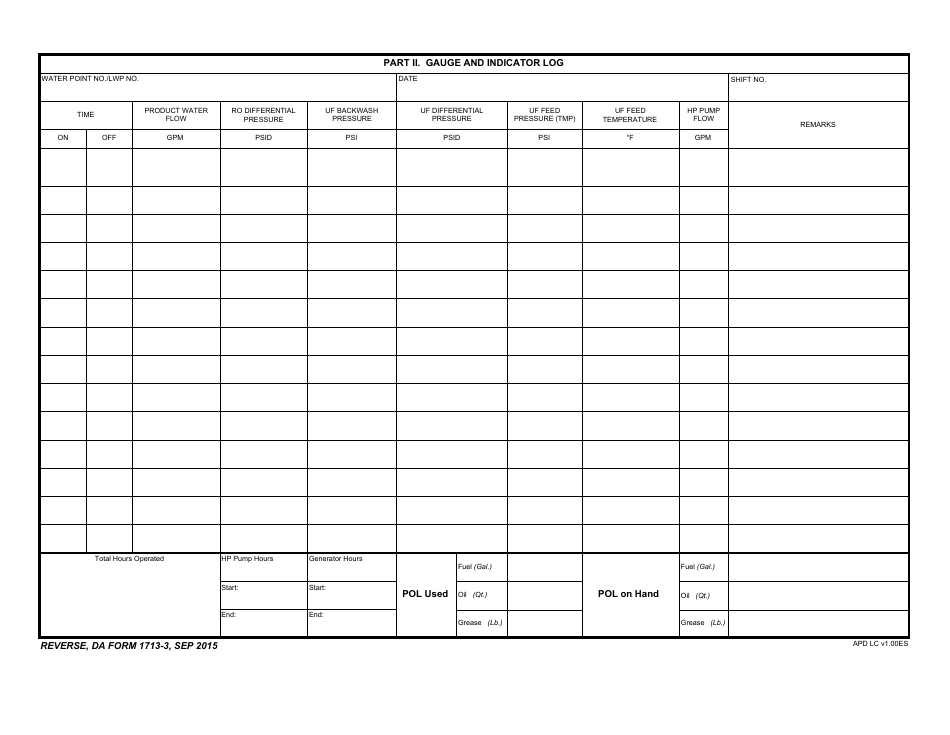 DA Form 1713-3 Daily Water Production Log - 125 Gph Lwp, Page 2