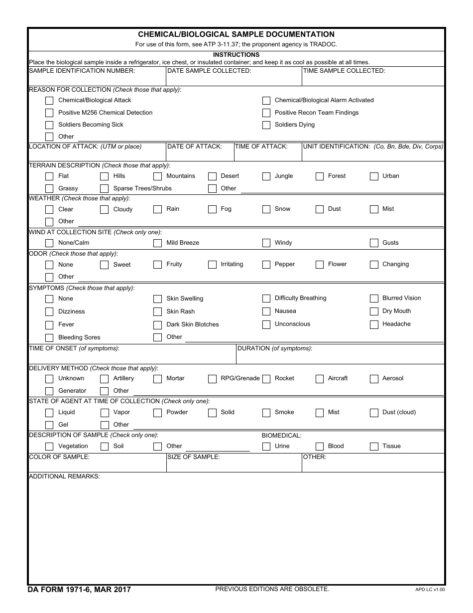 DA Form 1971-6 Chemical / Biological Sample Documentation, Page 1