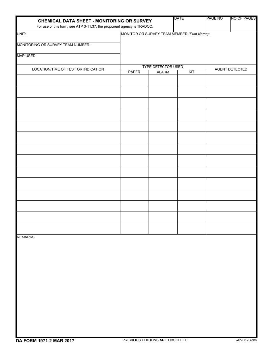 DA Form 1971-2 Chemical Data Sheet - Monitoring or Survey, Page 1