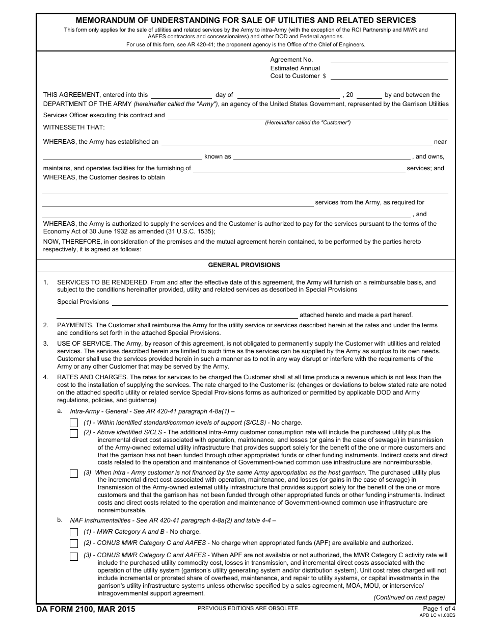 DA Form 2100 Memorandum of Understanding for Sale of Utilities and Related Services, Page 1