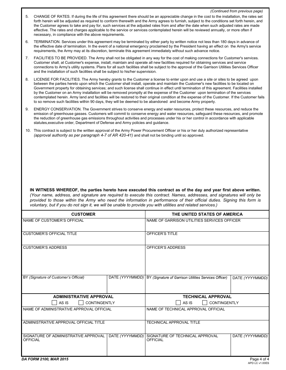 DA Form 2100 Memorandum of Understanding for Sale of Utilities and Related Services, Page 4