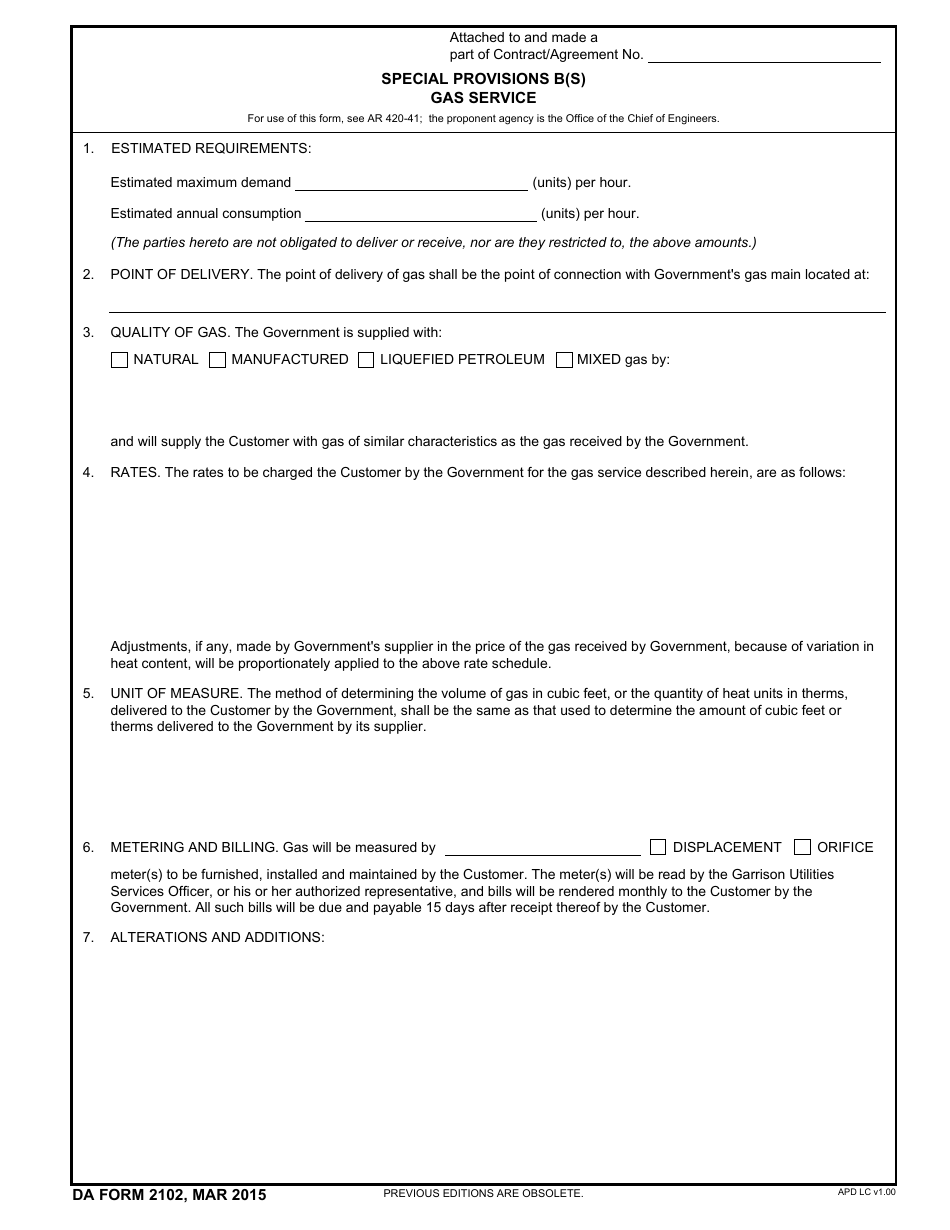 DA Form 2102 Special Provisions B(S) Gas Service, Page 1