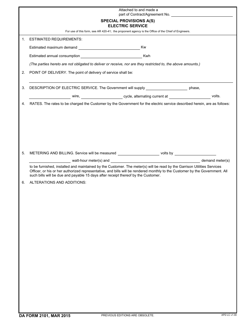 DA Form 2101 Special Provisions a(S) Electric Service, Page 1