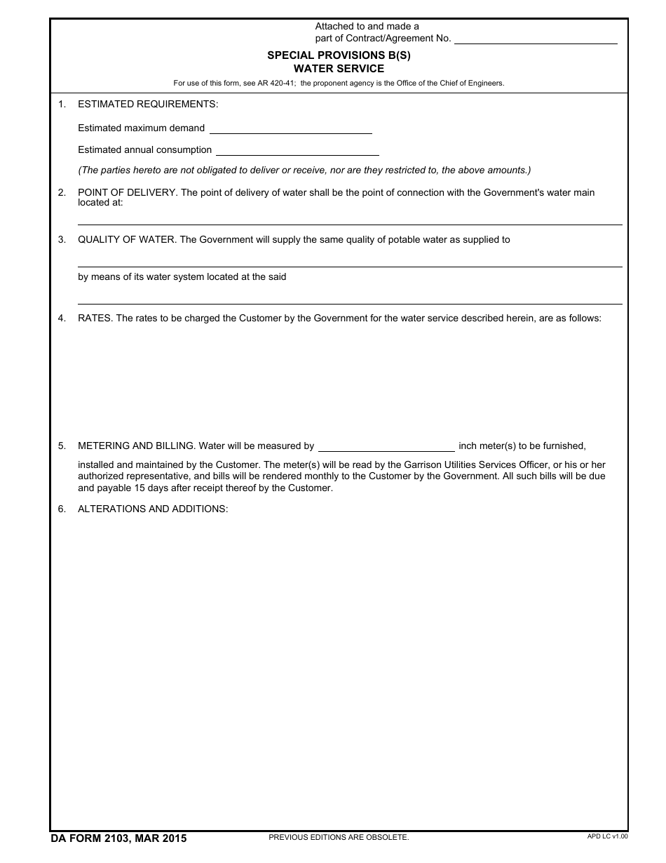 DA Form 2103 Special Provisions C(S) Water Service, Page 1