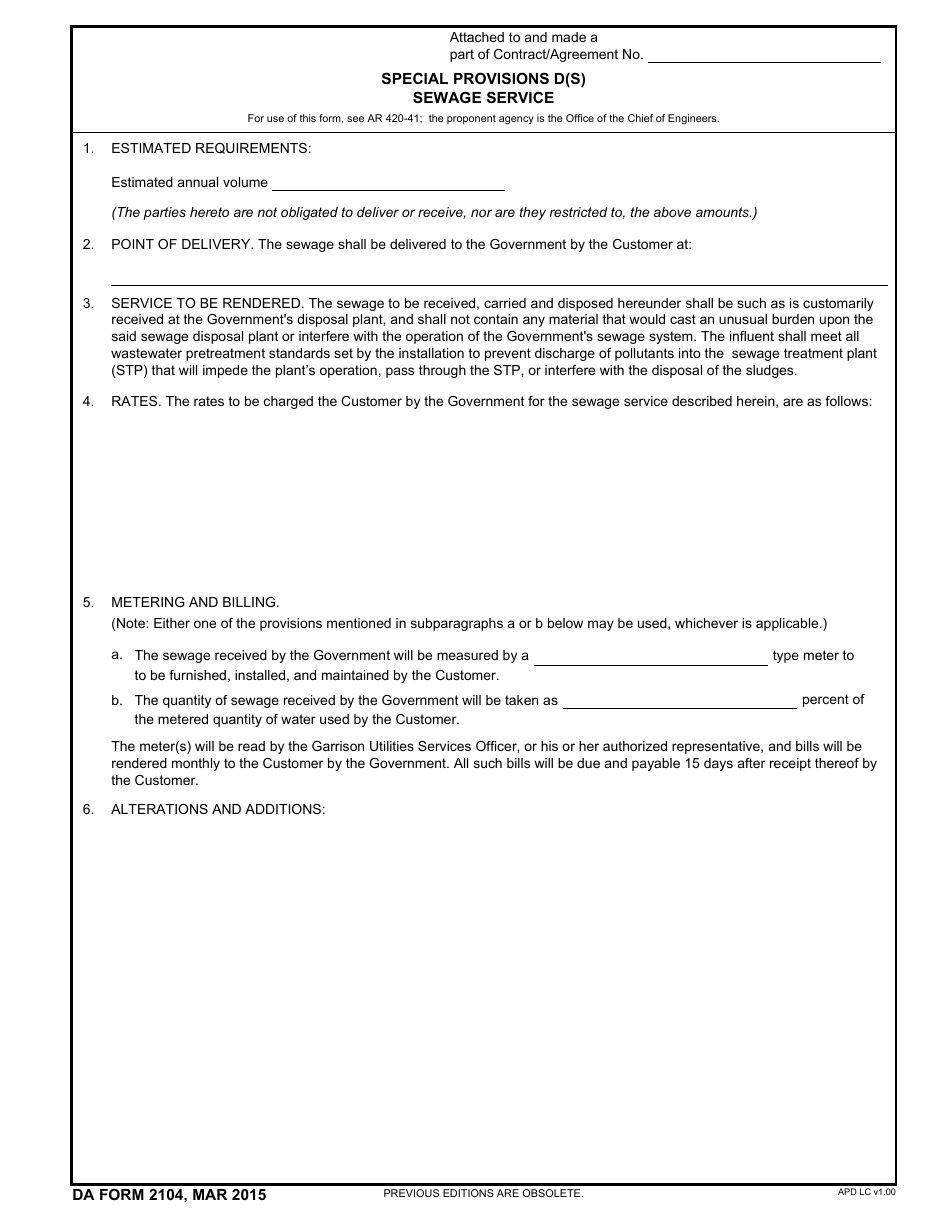 DA Form 2104 Special Provisions D(S) Sewage Service, Page 1