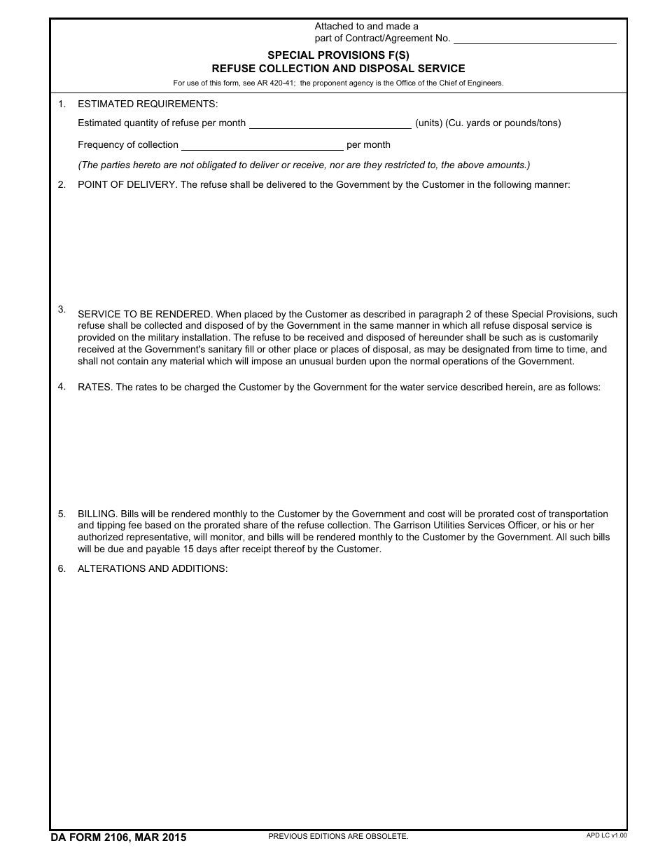 DA Form 2106 Special Provisions F(S) Refuse Collection and Disposal Service, Page 1