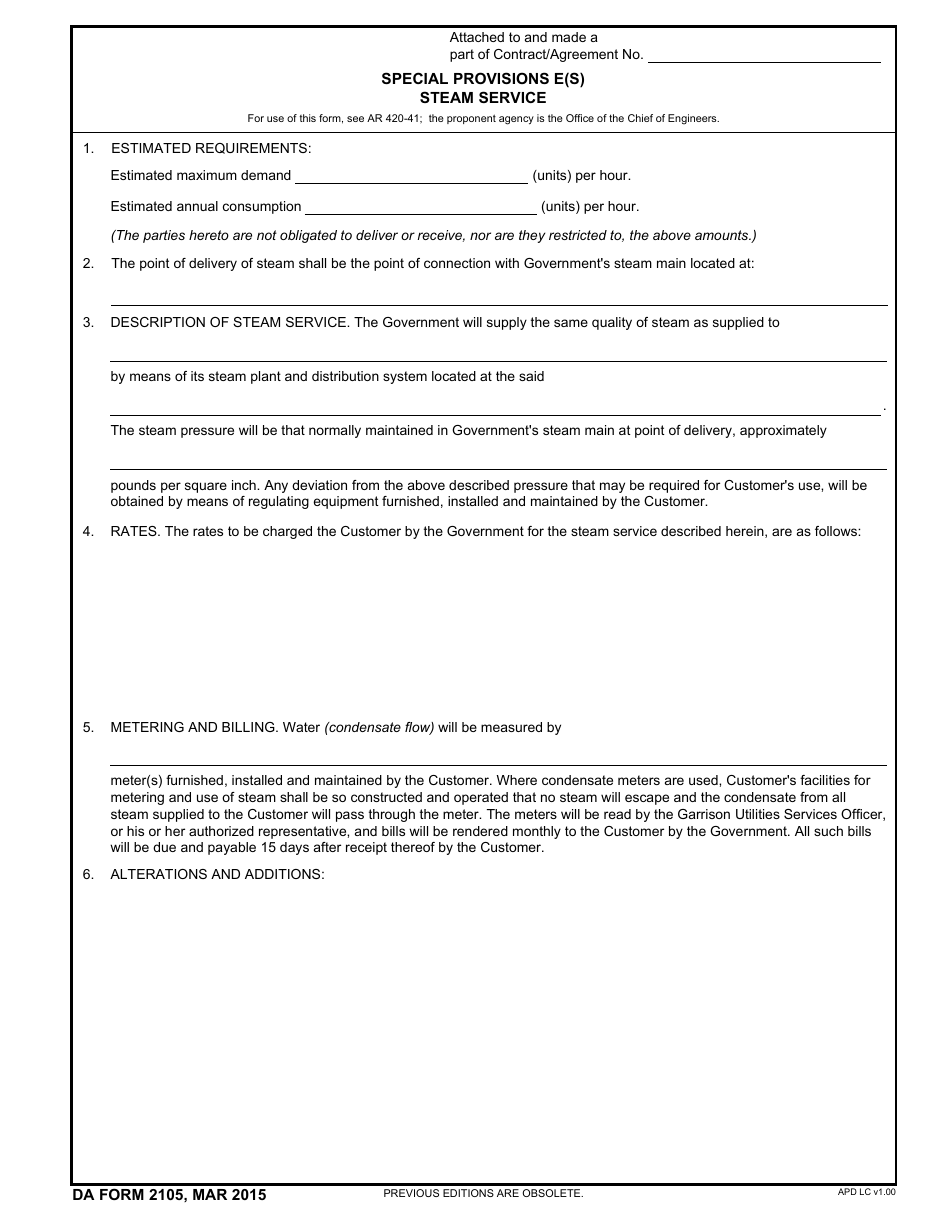 DA Form 2105 Special Provisions E(S) - Steam Service, Page 1