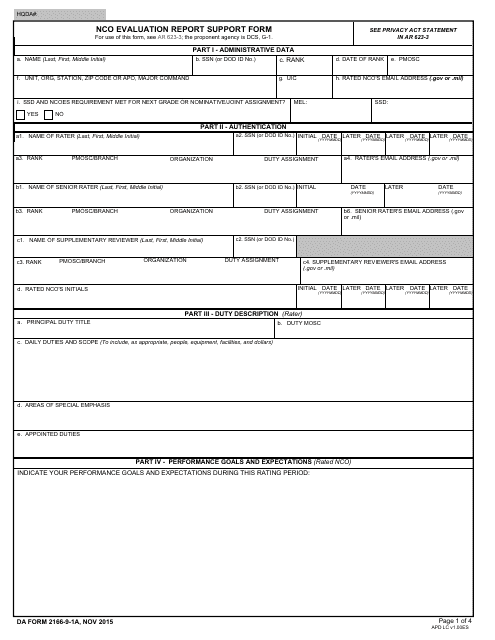 DA Form 2166-9-1A NCO Evaluation Report Support Form