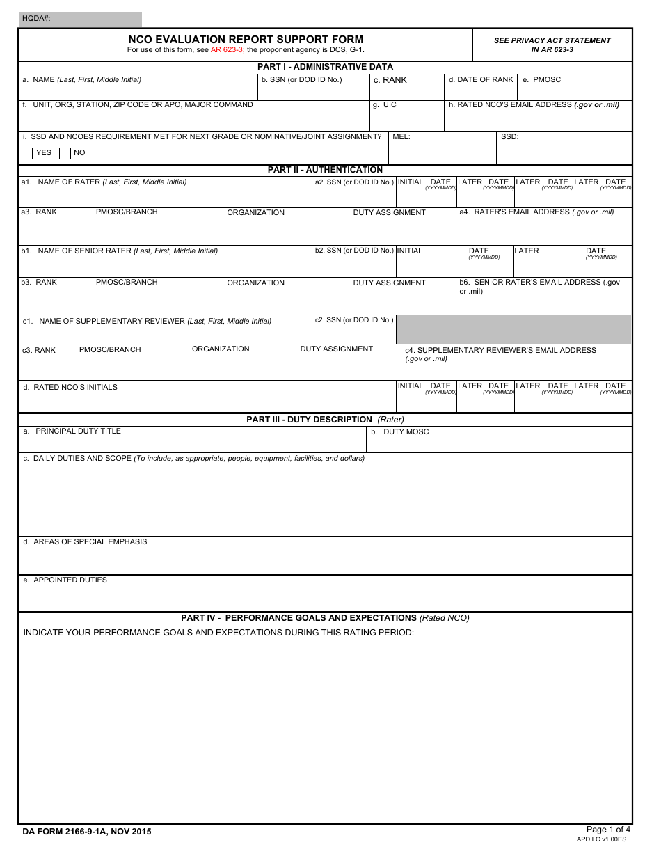 DA Form 2166-9-1A NCO Evaluation Report Support Form, Page 1