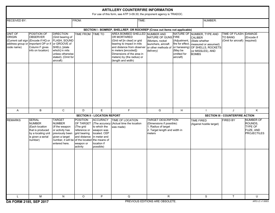 DA Form 2185 Artillery Counter Fire Information, Page 1
