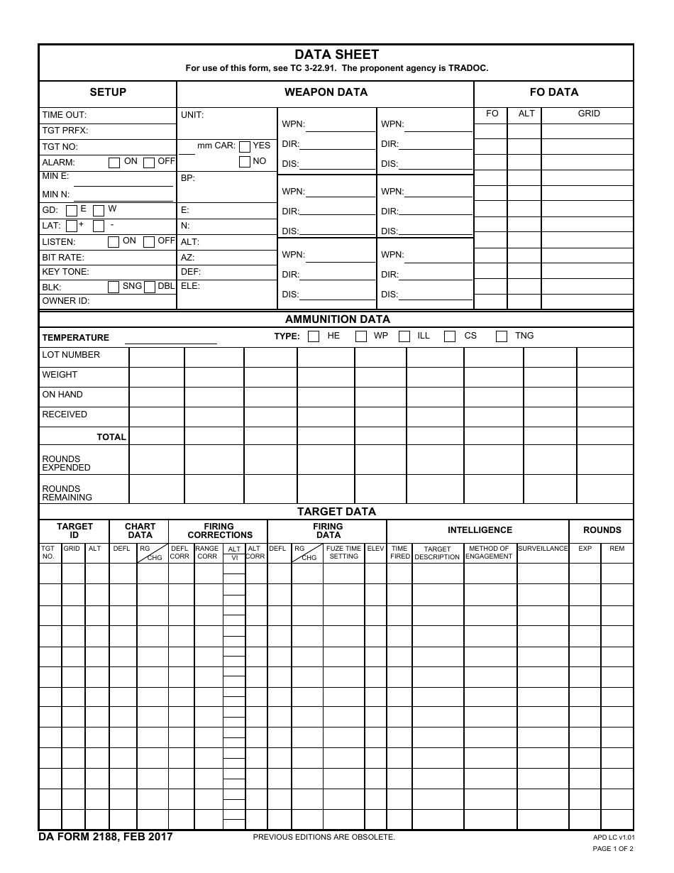 DD Form 2188 Data Sheet, Page 1
