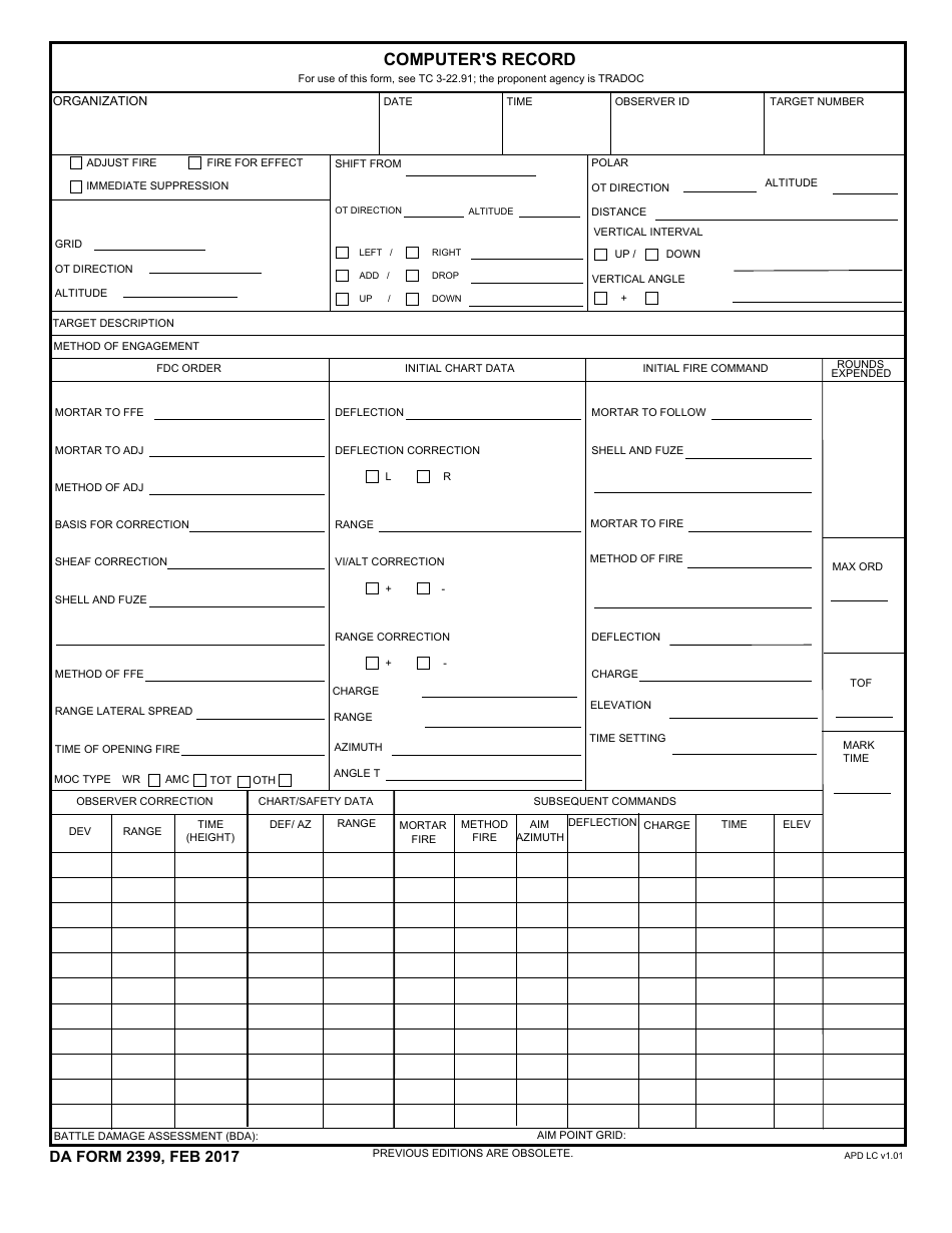 DA Form 2399 Computers Record, Page 1