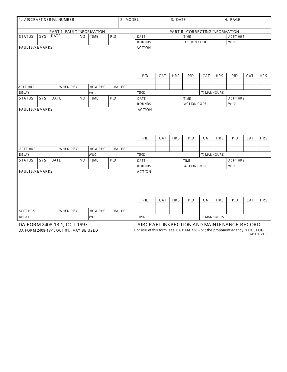 DA Form 2408-13-1 Aircraft Inspection and Maintenance Record, Page 1