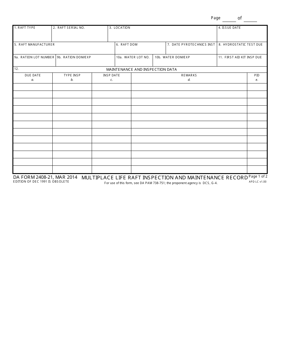 DA Form 2408-21 Multiplace Life Raft Inspection and Maintenance Record, Page 1