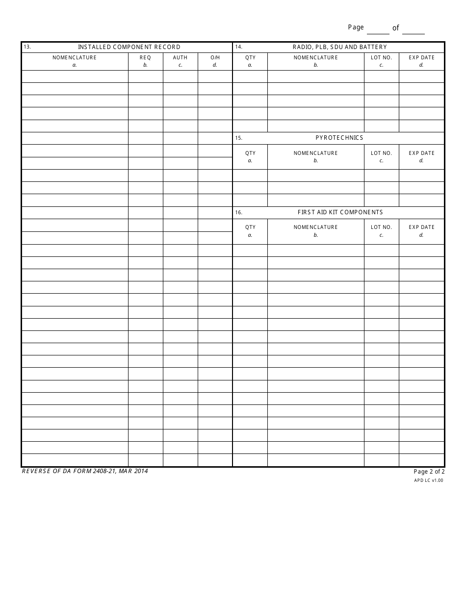 DA Form 2408-21 Multiplace Life Raft Inspection and Maintenance Record, Page 2