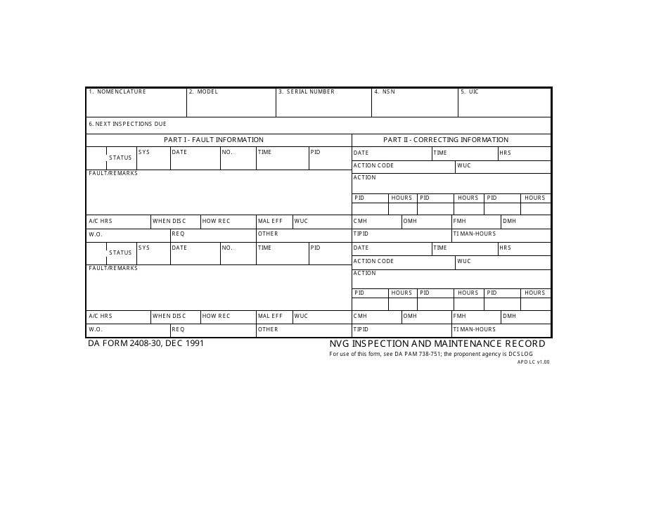 DA Form 2408-30 Nvg Inspection and Maintenance Record, Page 1
