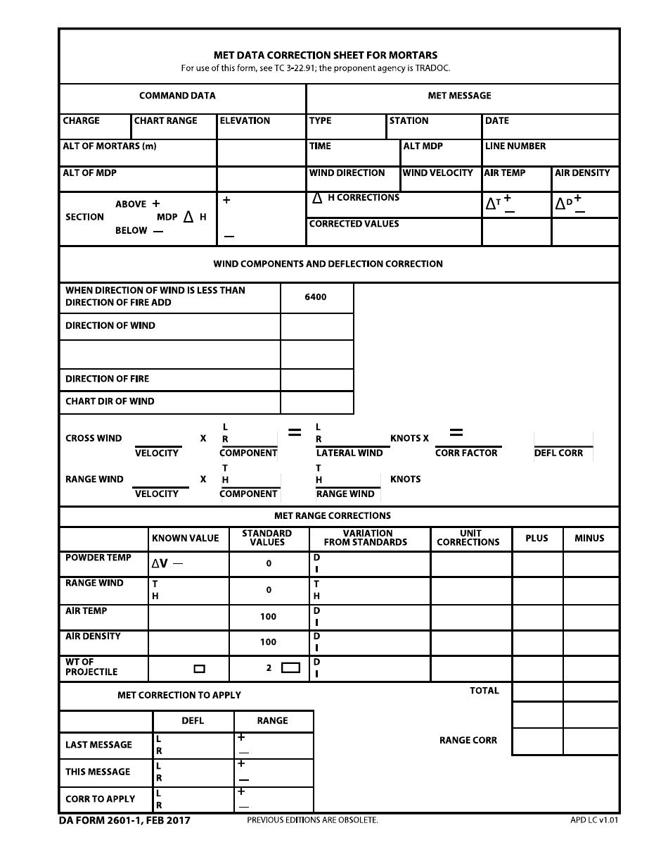 DA Form 2601-1 Met Data Correction Sheet for Mortars, Page 1
