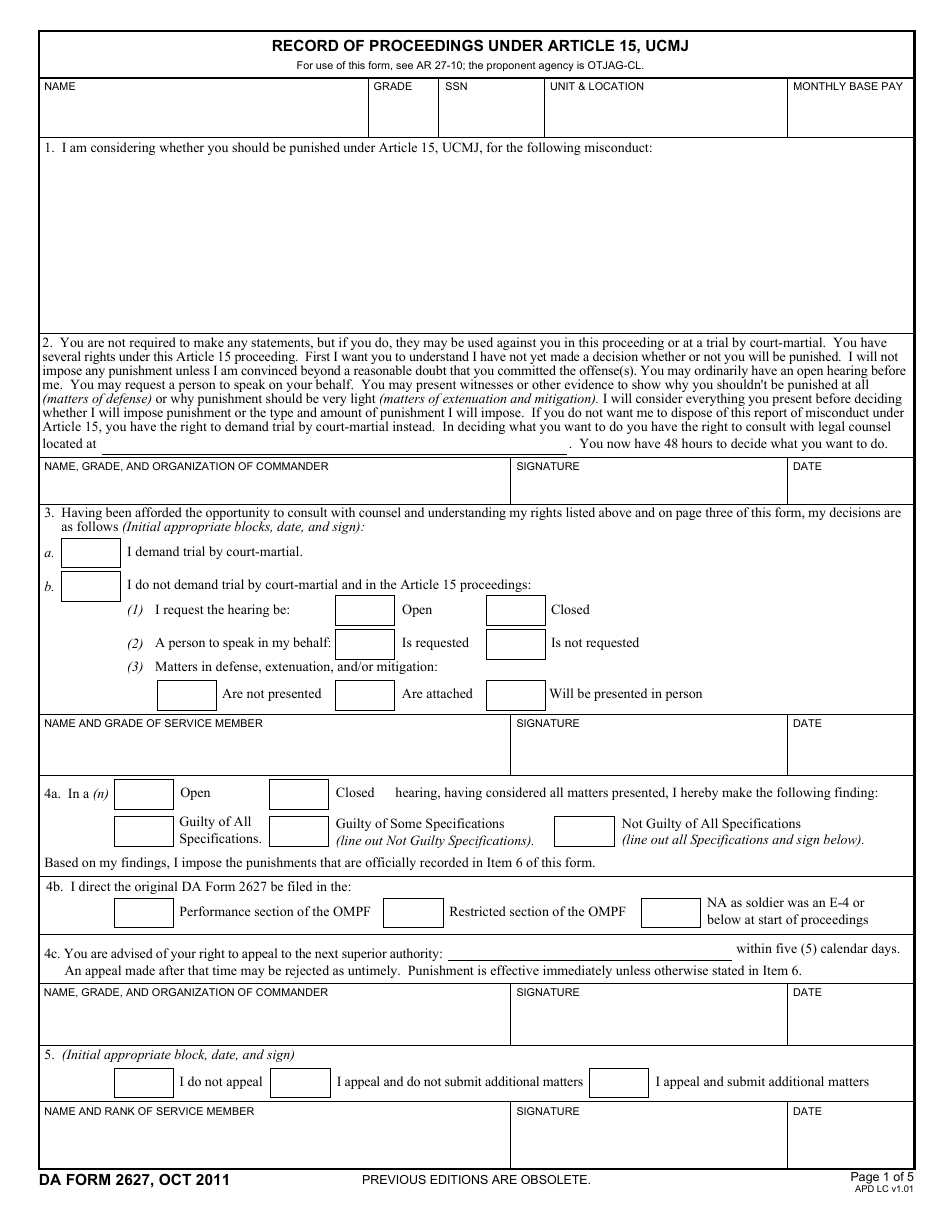DA Form 2627 Record of Proceedings Under Article 15, Ucmj, Page 1