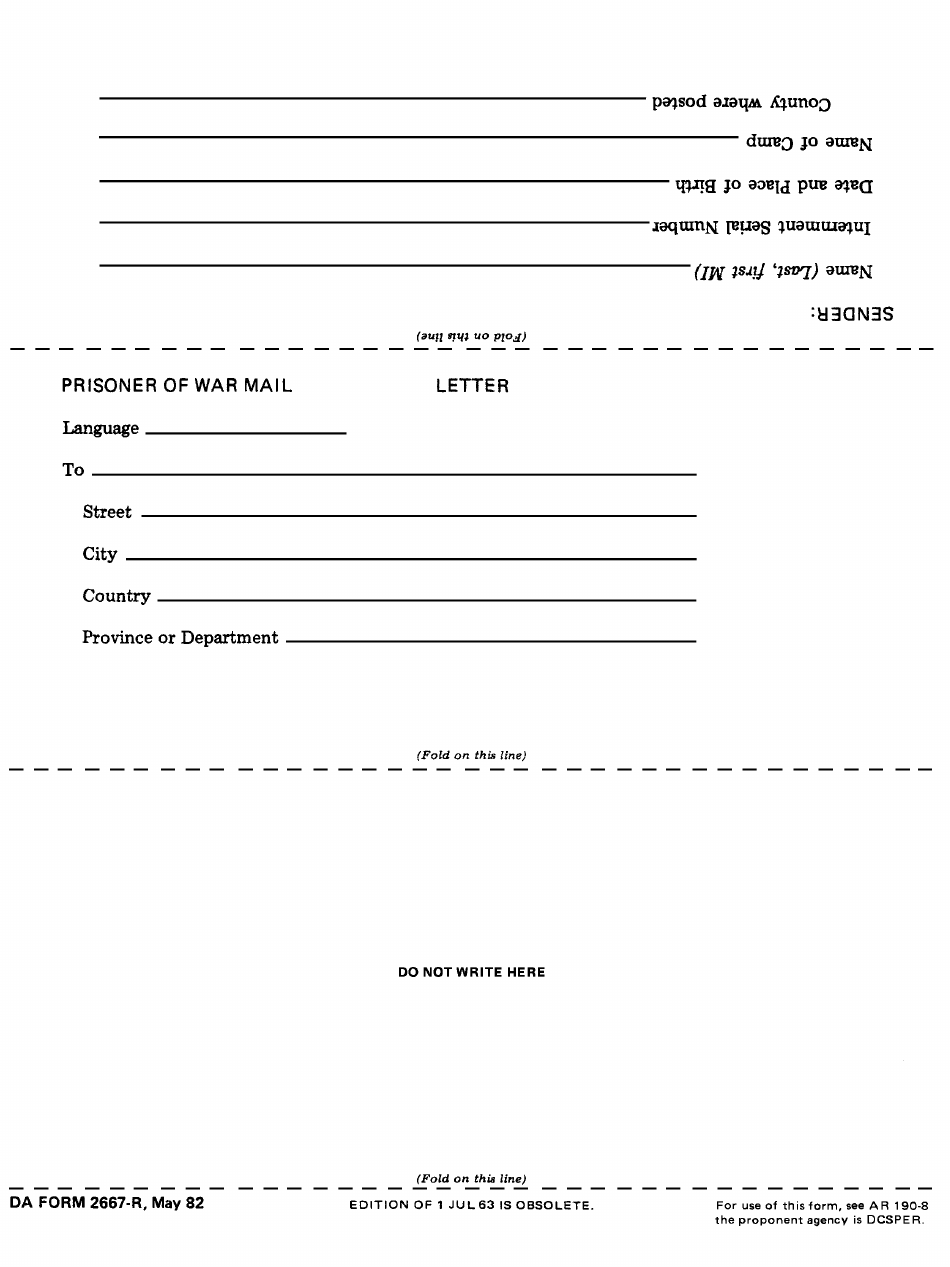 DA Form 2667-R Prisoner of War Mail (Letter) (LRA) (Ed Jul 63 Will Be Used), Page 1