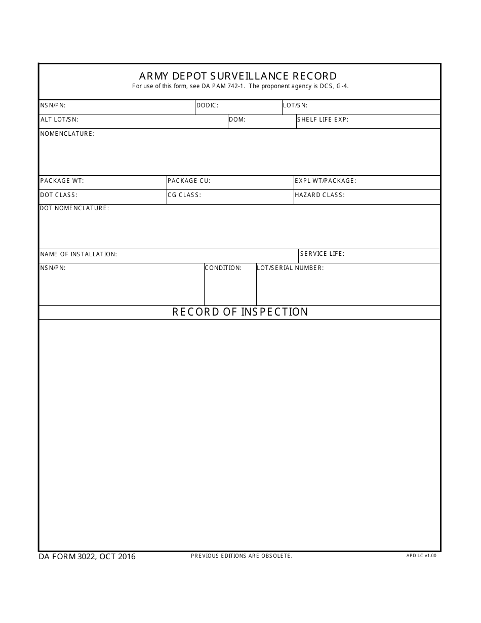 DA Form 3022 Army Depot Surveillance Record, Page 1
