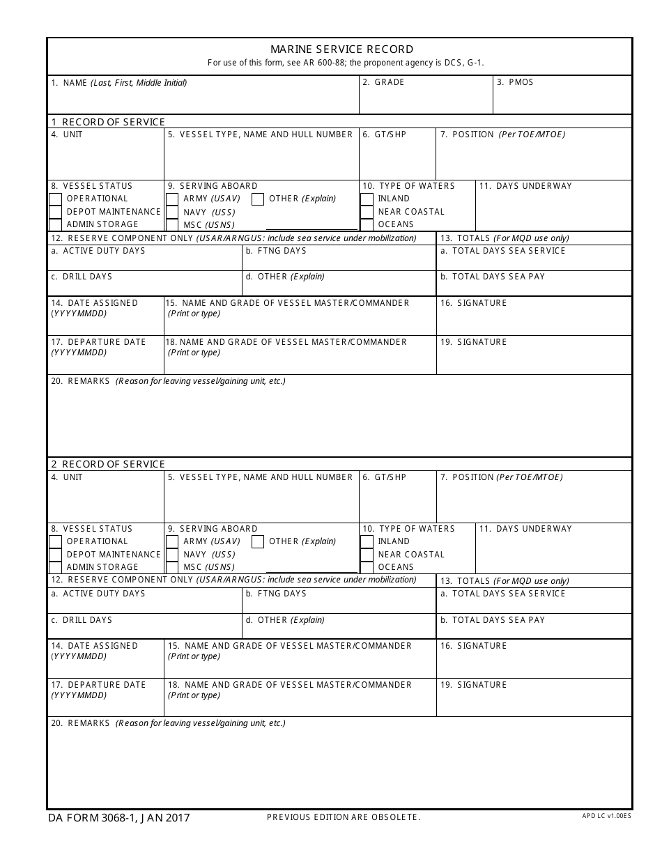 DA Form 3068-1 Marine Service Record, Page 1