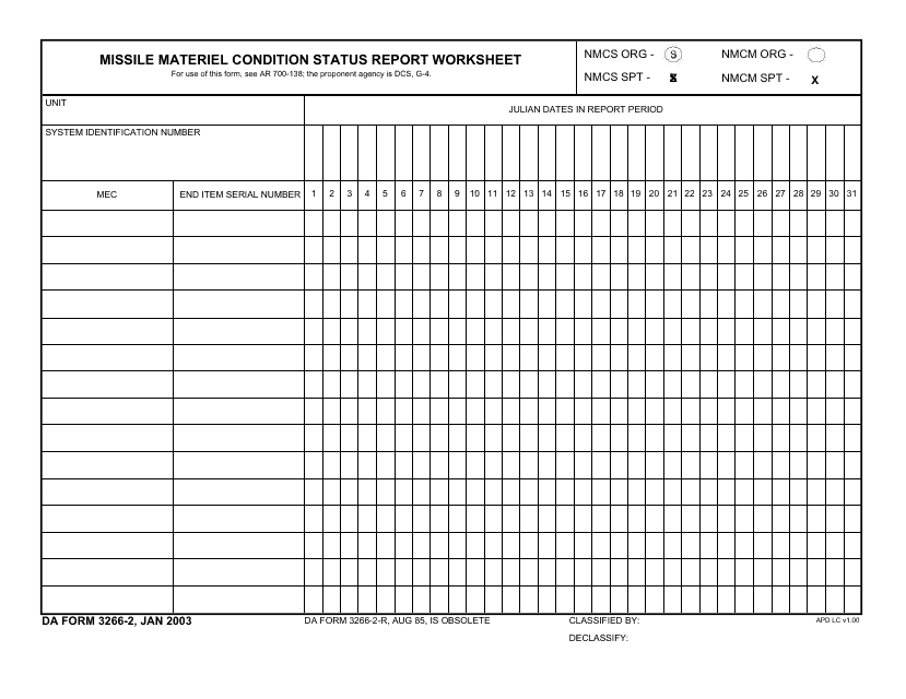 DA Form 3266-2 Missile Materiel Condition Status Report Worksheet
