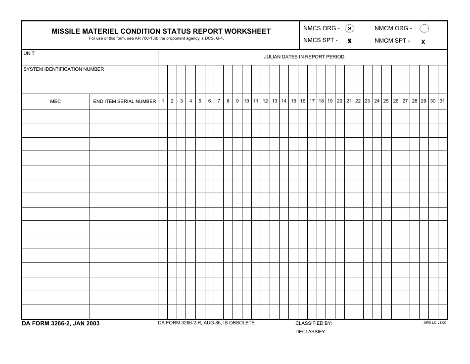 DA Form 3266-2 Missile Materiel Condition Status Report Worksheet, Page 1