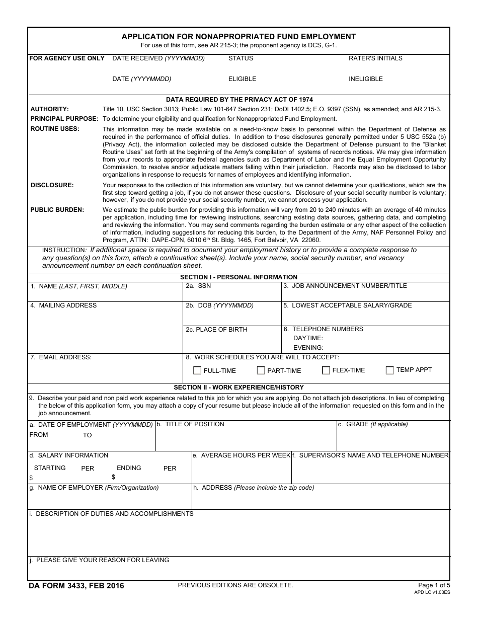 DA Form 3433 Application for Nonapproriated Fund Employment, Page 1