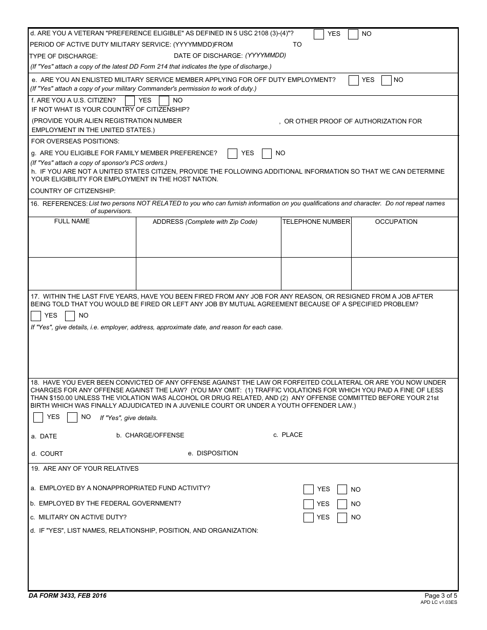 DA Form 3433 Application for Nonapproriated Fund Employment, Page 3