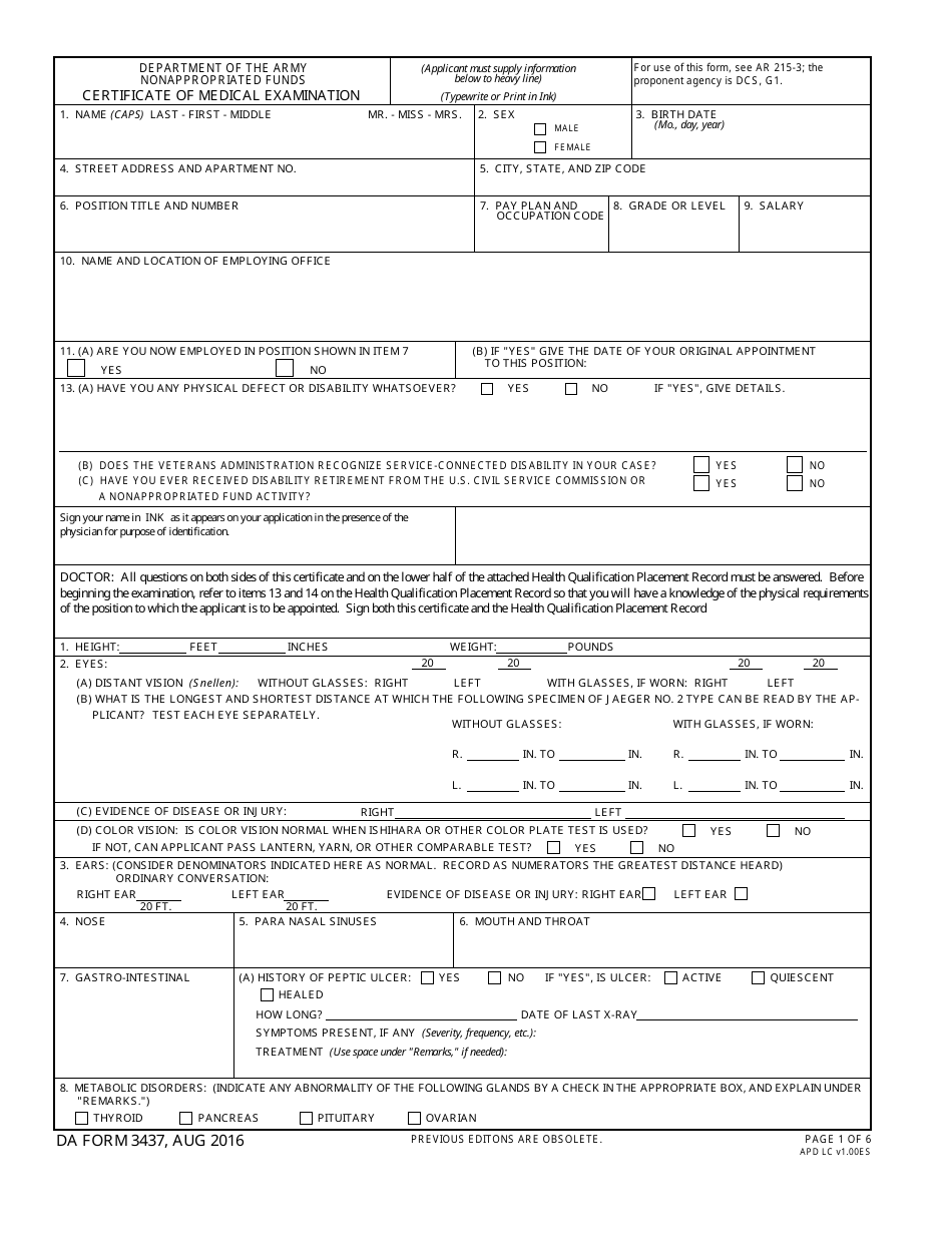 DA Form 3437 Certificate of Medical Examination, Page 1