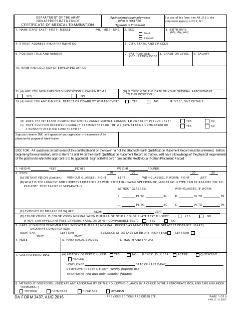 DA Form 3437 Download Fillable PDF, Certificate of Medical Examination ...