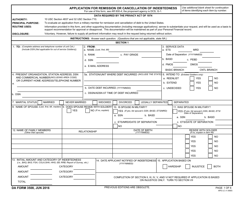 DA Form 3508 Application for Remission or Cancellation of Indebtedness, Page 1